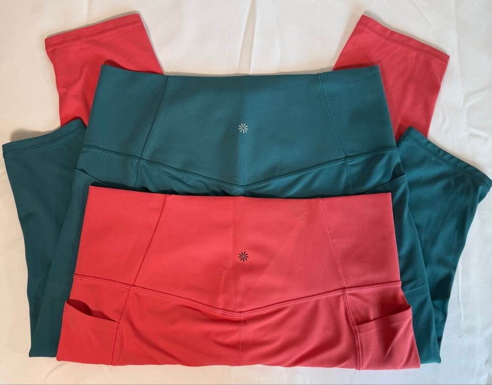 Athleta Salutation Stash Pocket II Capri 2 Pair Bundle XL Teal Coral Yoga Tights
